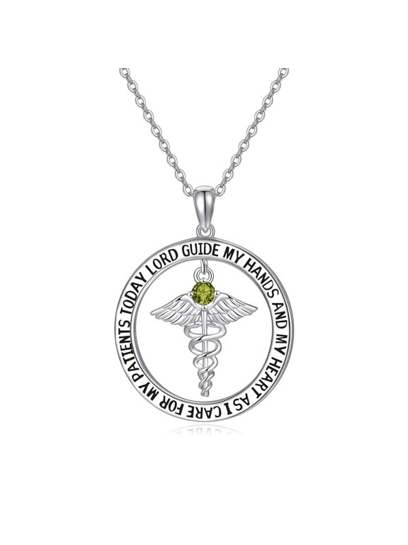 Nurse Gifts for Women 925 Sterling Silver Nurse's Prayer Necklace with Caduceus Nursing Graduation Gift for Nurses Medical Student Made with Peridot Birthstone (August)