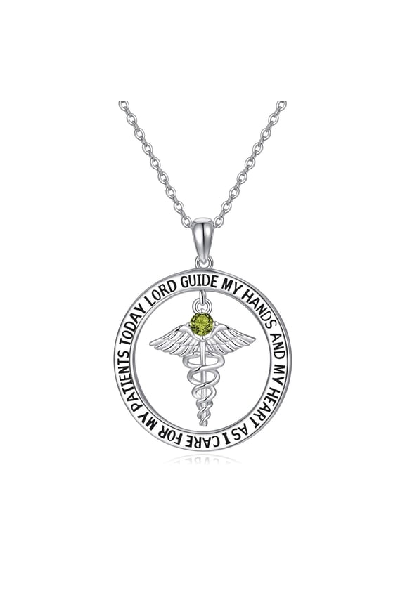Nurse Gifts for Women 925 Sterling Silver Nurse's Prayer Necklace with Caduceus Nursing Graduation Gift for Nurses Medical Student Made with Peridot Birthstone (August)