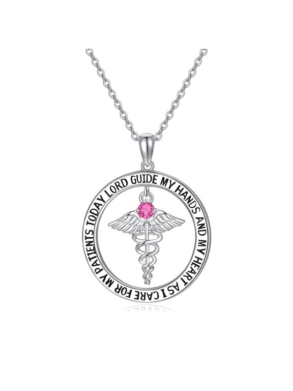 Nurse Gifts for Women 925 Sterling Silver Nurse's Prayer Necklace with Caduceus Nursing Graduation Gift for Nurses Medical Student Made with Pink Birthstone (October)