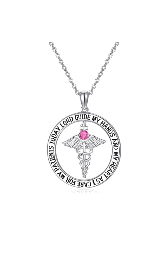 Nurse Gifts for Women 925 Sterling Silver Nurse's Prayer Necklace with Caduceus Nursing Graduation Gift for Nurses Medical Student Made with Pink Birthstone (October)