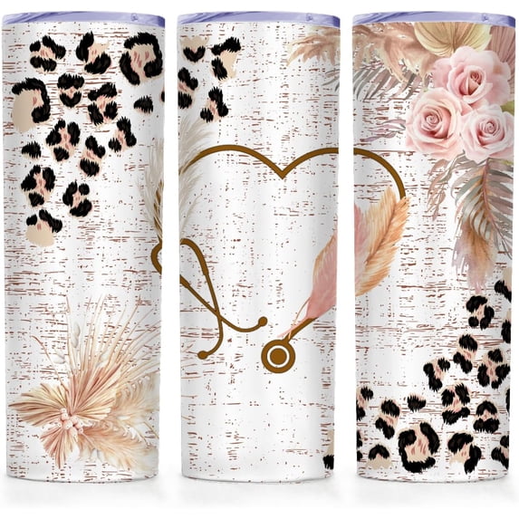 Nurse Gifts For Women - Nurse Accessories for Nurses, Nursing Student Cute Insulated Skinny Tumblers Leopard Boho Coffee Mug with Lid 20oz - Reusable Slim Iced Coffee Mug for Nurse
