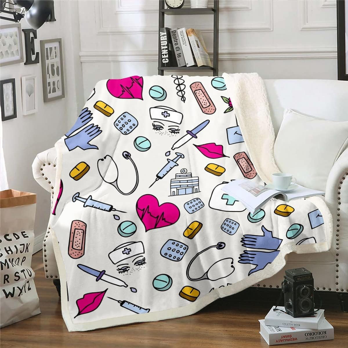 Nurse Gifts for Women,Nursing Throw Blanket Cartoon Sketch Cute Fleece Blanket,Nurse Accessories for Work Blanket 40"x50",Nursing School Essentials Room Decor Nursing Student Gifts