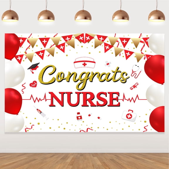 Nurse Graduation Party Banner, Red and Gold Nursing Graduation Party Supplies Backdrop Photo Prop Background, RN Graduation Party Decorations 2023, Nurse Graduation Decorations 2023