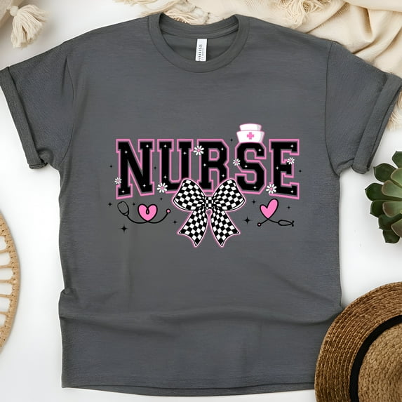 Nurse Graphic T-Shirt | Black Pink Varsity Lettering with Checkered Bow Tee, Dark Heather, Size S