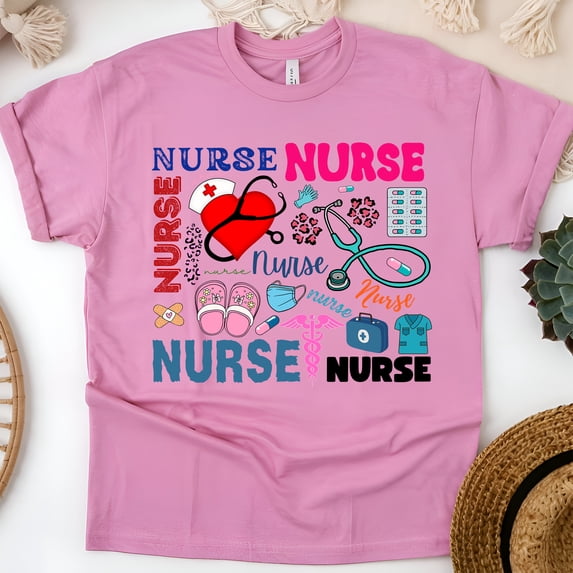 Nurse Graphic T-Shirt | Colorful Nurse Words and Medical Icons Tee, Azalea, Size S