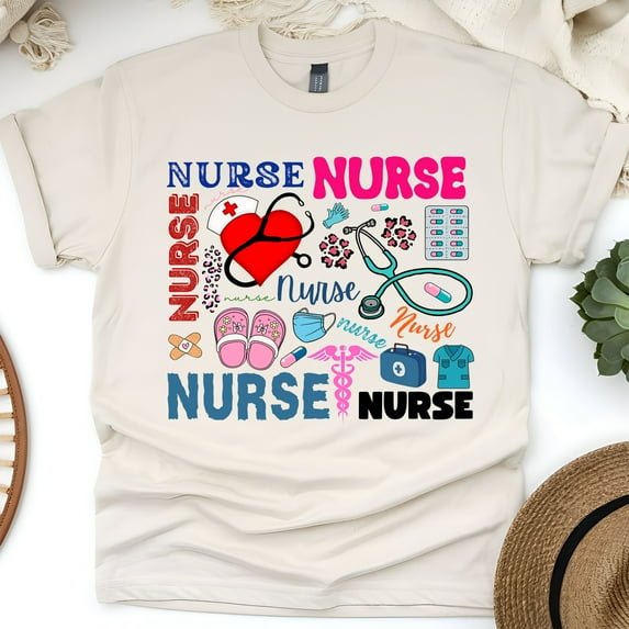 Nurse Graphic T-Shirt | Colorful Nurse Words and Medical Icons Tee, Natural, Size S