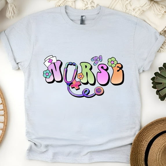 Nurse Graphic T-Shirt | Pastel Lettering with Stethoscope and Flowers Tee, Ash, Size S