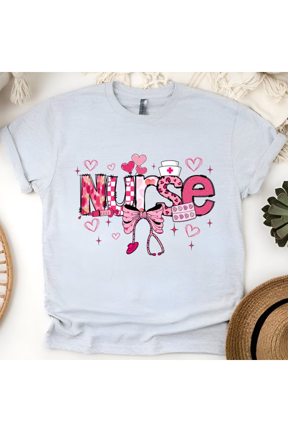 Nurse Graphic T-Shirt | Pink Bow and Heart Medical Icons Tee, Ash, Size M