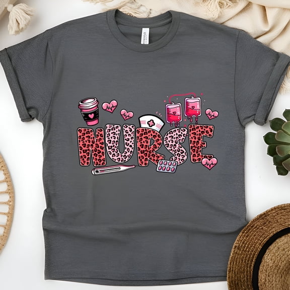 Nurse Graphic T-Shirt | Pink Leopard Print Medical Icons Tee for Women Men, Dark Heather, Size S