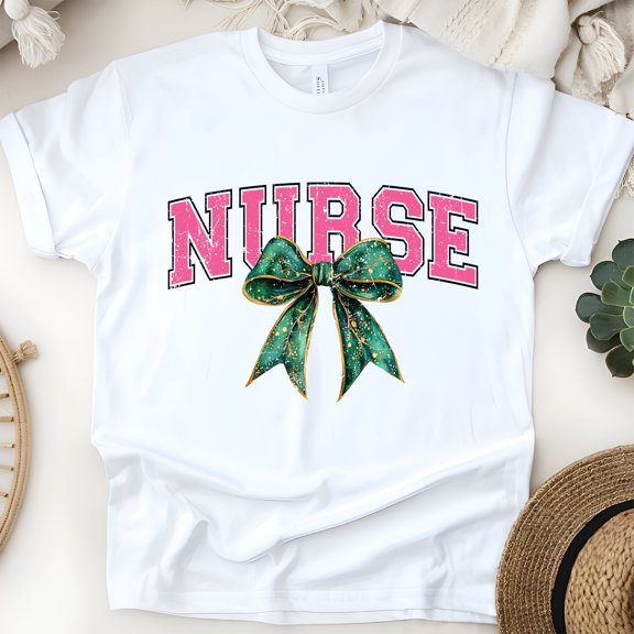 Nurse Graphic T-Shirt | Pink Lettering with Green Bow Tee for Women, White, Size M