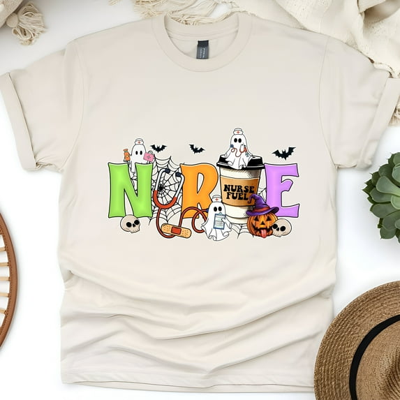 Nurse Graphic T-Shirt for Women Men | Funny Ghost Coffee Medical Tee, Natural, Size 3XL