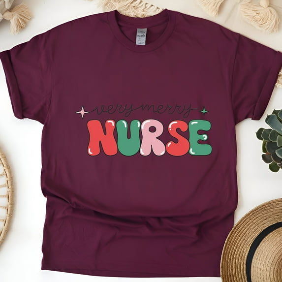 Nurse Graphic T-Shirt for Women, Very Merry Nurse Retro Style Tee, Maroon, Size L