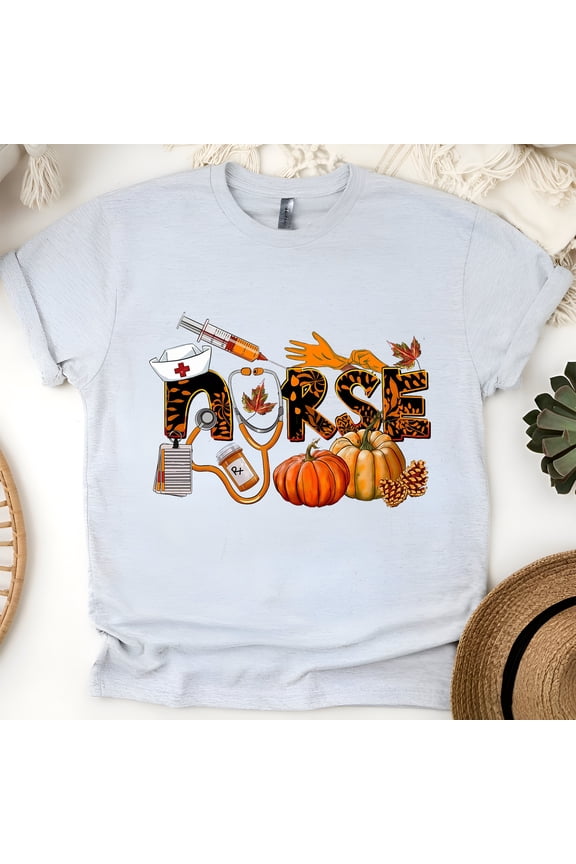 Nurse Graphic T-Shirt with Pumpkins and Medical Icons Design, Ash, Size M