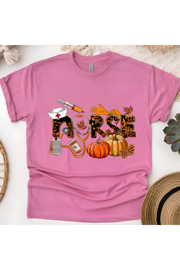 Nurse Graphic T-Shirt with Pumpkins and Medical Icons Design, Heliconia, Size L