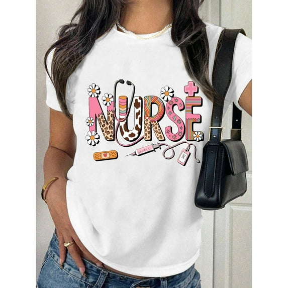 Nurse Graphic Tee T Shirt Top Boho Floral Medical Details Design Casual Short Sleeve Crew Neck White S-5XL