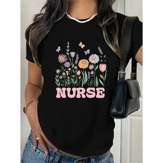 Nurse Graphic Tee T Shirt Top Pastoral Floral Butterfly Design Cotton Short Sleeve Crew Neck Black S-5XL
