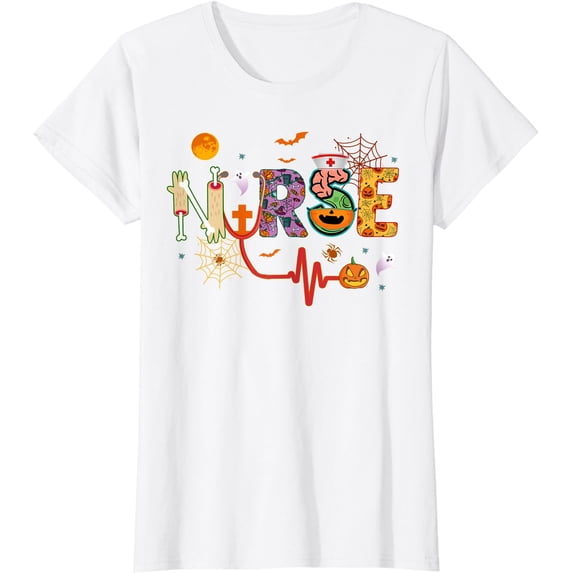 Nurse Halloween Costume Stethoscope Heartbeat Pumpkin Womens T-Shirt