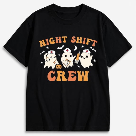Nurse Halloween Shirts for Women, Night Shift Crew Ghost Nurse Graphic T-Shirt