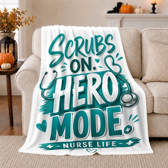 Nurse Hero Mode Inspirational Stethoscope Motif, Cozy Typography Art Scene, Warm Flannel Blanket for Living Room and Reading Nook, Art Lovers Encouragement Gift, Artistic Home Decor