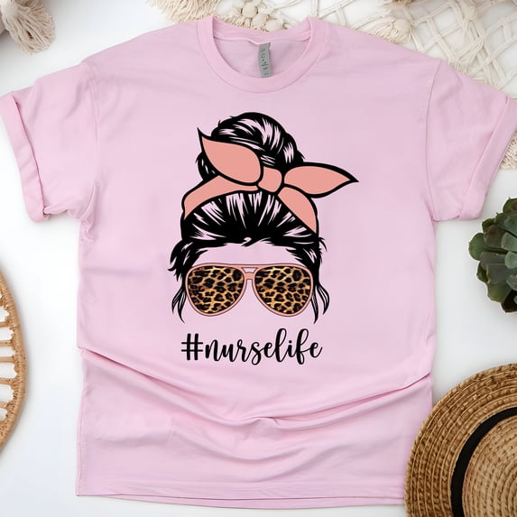 Nurse Life Graphic T-Shirt | Leopard Print Sunglasses Bandana Bun Tee, Light Pink, Size 2XL