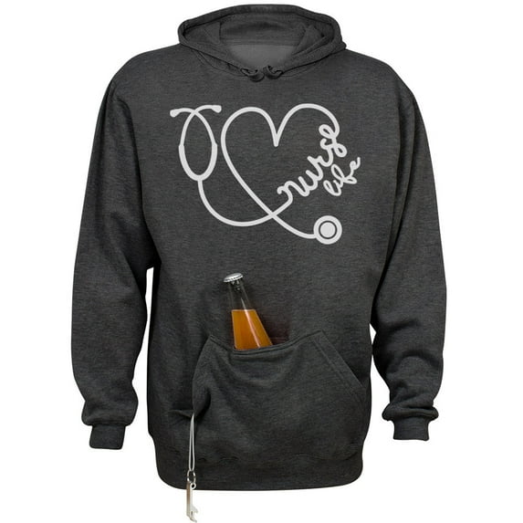 Nurse Life Heart Beer Holder Tailgate Hoodie Sweatshirt Unisex Large Charcoal Heather