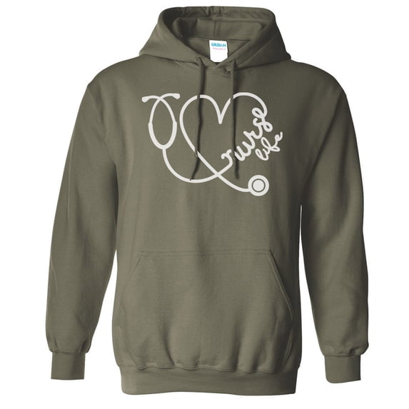 Nurse Life Heart Hoodie Sweatshirt Unisex Large Military Green