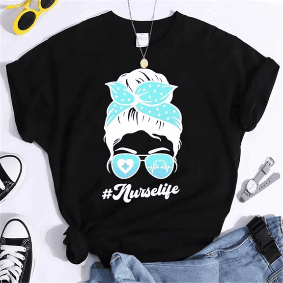 Nurse Life Print T-shirts For Women Summer Lovely Short Sleeve Casual Round Neck Creative Personalized Tops International Nurses' Day Gift