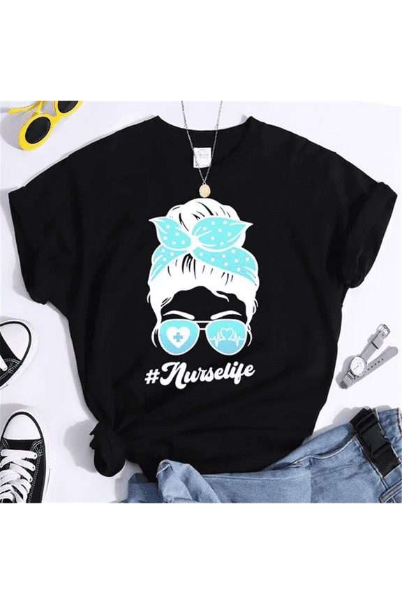 Nurse Life Print T-shirts For Women Summer Lovely Short Sleeve Casual Round Neck Creative Personalized Tops International Nurses' Day Gift