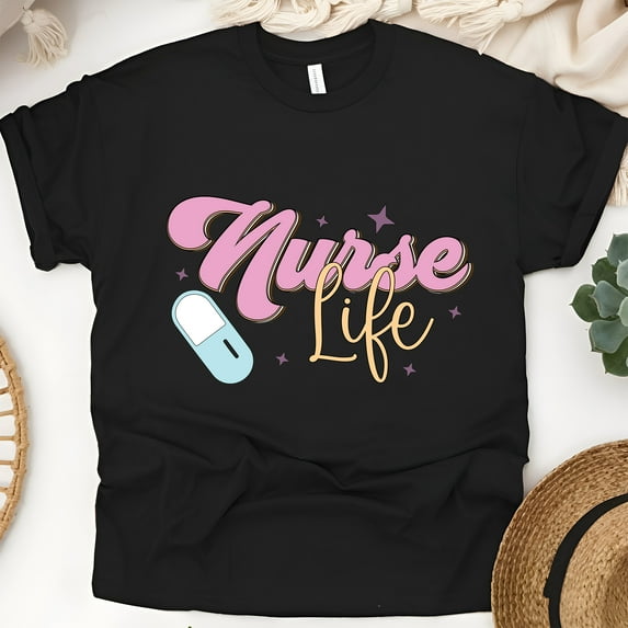 Nurse Life T-Shirt for Women, Cute Retro Graphic Tee, Black, Size XL