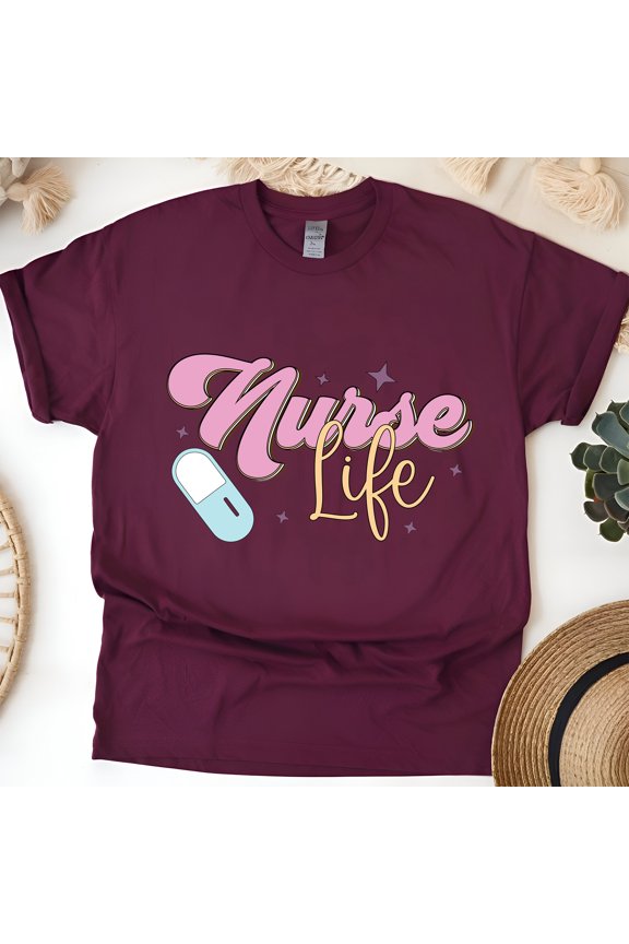 Nurse Life T-Shirt for Women, Cute Retro Graphic Tee, Maroon, Size M