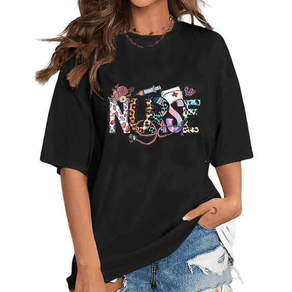 Nurse Life Tshirts Registered Nursing School Graphic Tees Short Sleeve Casual Leopard Tops Cotton Shirts for Daily Outfits Black,3XL