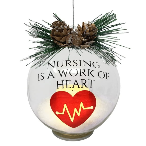 Nurse Lighted Christmas Ornament - LED Ball Ornament for a Special Nurse - Nursing is a Work of Heart - 6 Hour Timer Included