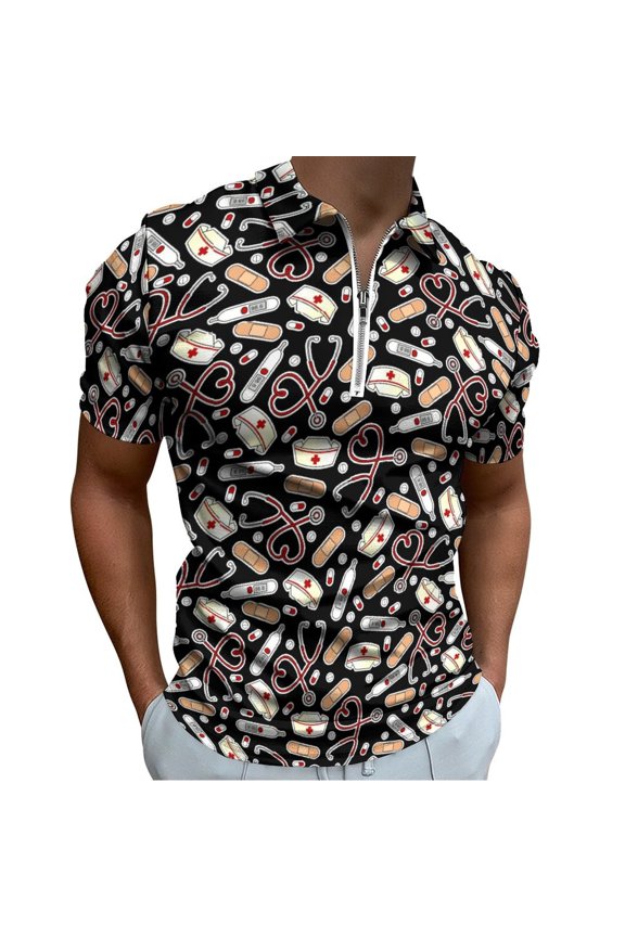 Nurse Love Cute Cartoon Men Zipper T-shirt Summer Casual Short Sleeve T-shirt Top