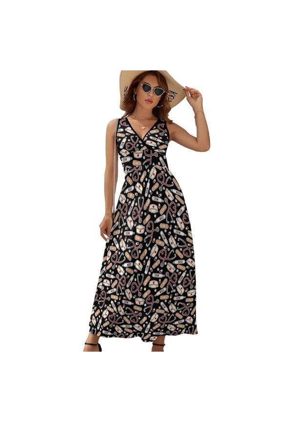 Nurse Love Cute Cartoon Womens Night Club Maxi Dress V Neck Sleeveless Bohemia Long Dresses
