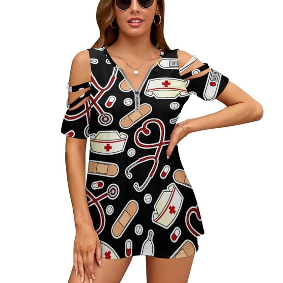 Nurse Love Cute Cartoon Womens Summer V Neck Zipper Top Short Sleeve T Shirt Off Shoulder Top Casual Classy Loose Shirts