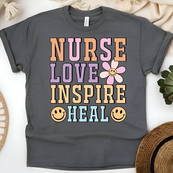 Nurse Love Inspire Heal T-Shirt for Women and Healthcare Workers, Dark Heather, Size M