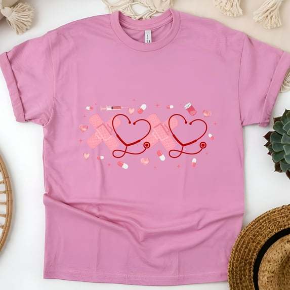 Nurse Love T-Shirt | Stethoscope Heart and Bandage Graphic Tee, Azalea, Size L