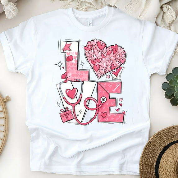 Nurse Love T-Shirt with Heart and Stethoscope Graphic, White, Size L