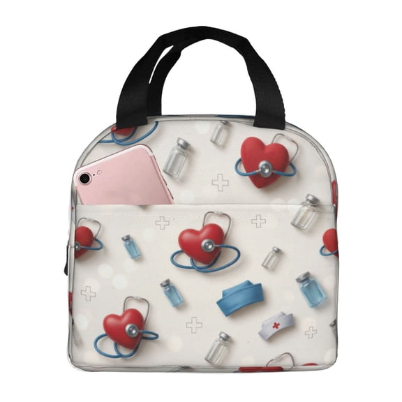 Nurse Lunch Bag Medical Print Insulated Lunch Box For Women Men Reusable Cooler Tote With Front Pocket Handheld Meal Prep Bag For Work Office