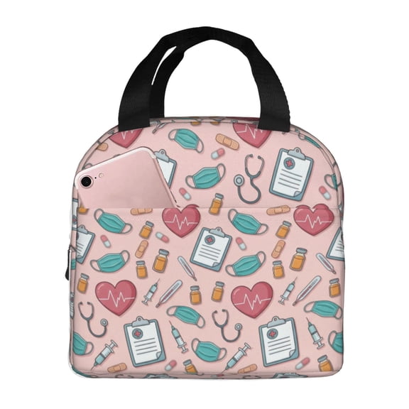 Nurse Lunch Bag Medical Print Insulated Lunch Box For Women Men Reusable Cooler Tote With Front Pocket Handheld Meal Prep Bag For Work Office