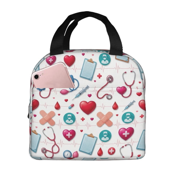Nurse Lunch Bag Medical Print Insulated Lunch Box For Women Men Reusable Cooler Tote With Front Pocket Handheld Meal Prep Bag For Work Office