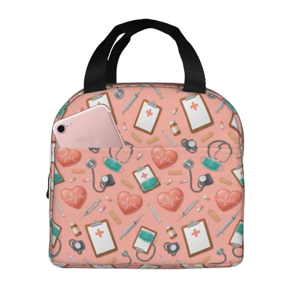 Nurse Lunch Box Healthcare Pattern Insulated Lunch Bag For Women Men Reusable Cooler Handbag With Front Pocket Thermal Meal Tote For Work Office