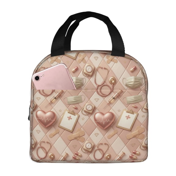 Nurse Lunch Box Healthcare Pattern Insulated Lunch Bag For Women Men Reusable Cooler Handbag With Front Pocket Thermal Meal Tote For Work Office