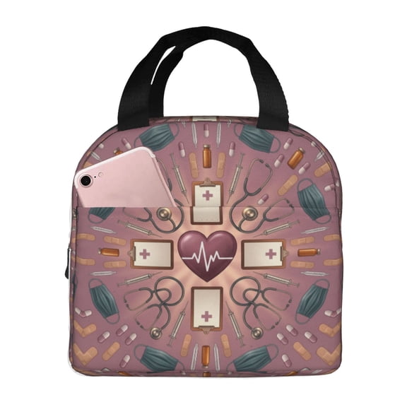 Nurse Lunch Box Healthcare Pattern Insulated Lunch Bag For Women Men Reusable Cooler Handbag With Front Pocket Thermal Meal Tote For Work Office