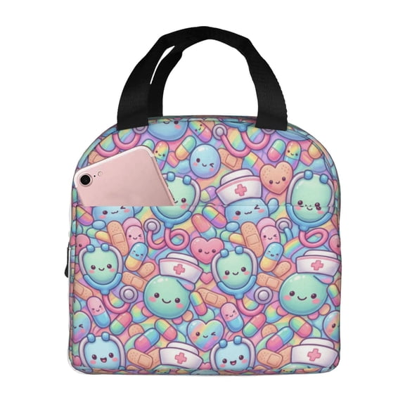 Nurse Lunch Box Healthcare Pattern Insulated Lunch Bag For Women Men Reusable Cooler Handbag With Front Pocket Thermal Meal Tote For Work Office