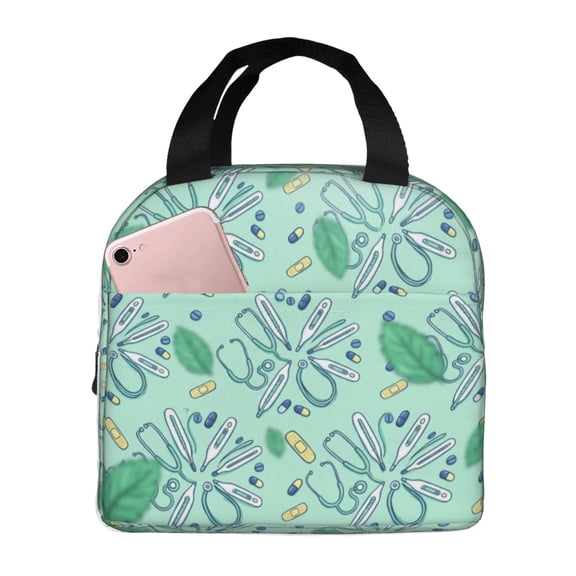 Nurse Lunch Box Healthcare Pattern Insulated Lunch Bag For Women Men Reusable Cooler Handbag With Front Pocket Thermal Meal Tote For Work Office