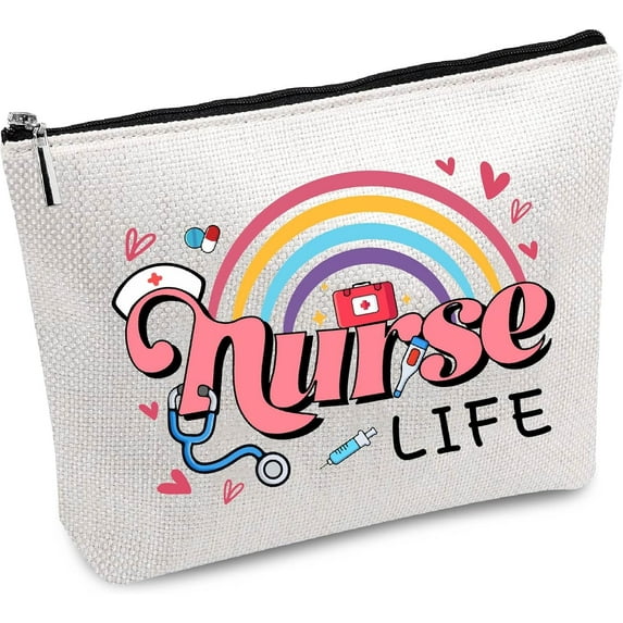 Nurse Makeup Bags Canvas Nurse Survival Kit Bag Cosmetic Bag Multi Purpose Pen Case Zipper Toiletry Travel Bag Case Purse Pouches Portable Gifts for Women Nursing Practitioner 10x7Inch
