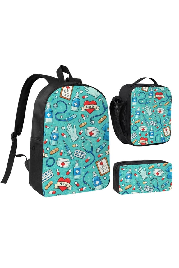 Nurse Medical Pattern Medical Worker Gift Backpack Set 3pc Including Backpack, Lunch Bag and Pen Bag Combination