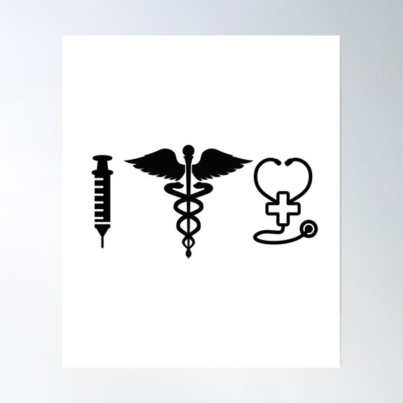 Nurse - Medical Symbols - Rn - Registered Nurse - Syringe, Stethoscope, Caduceus Poster Wall Art, Modern Wall Decor, 8x12 UNFRAMED