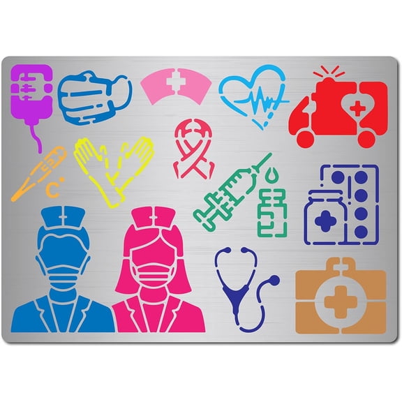 Nurse Metal Stencils Medical Themed Nurse's Day Syringe Thermometer Umbrella Stainless Steel Decorating Tool Template for DIY Wood Burning Engraving Crafting Scrapbook Art Ornate Party